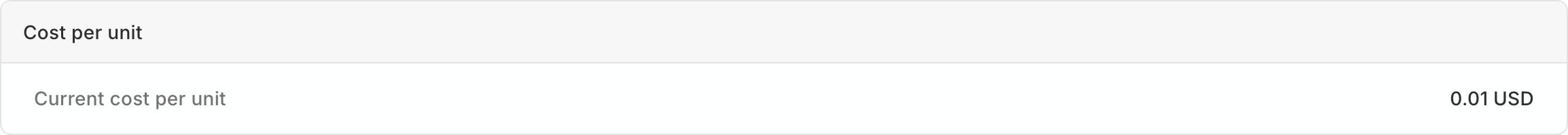 Cost per unit section of a wallet: current cost per unit 0.01 USD