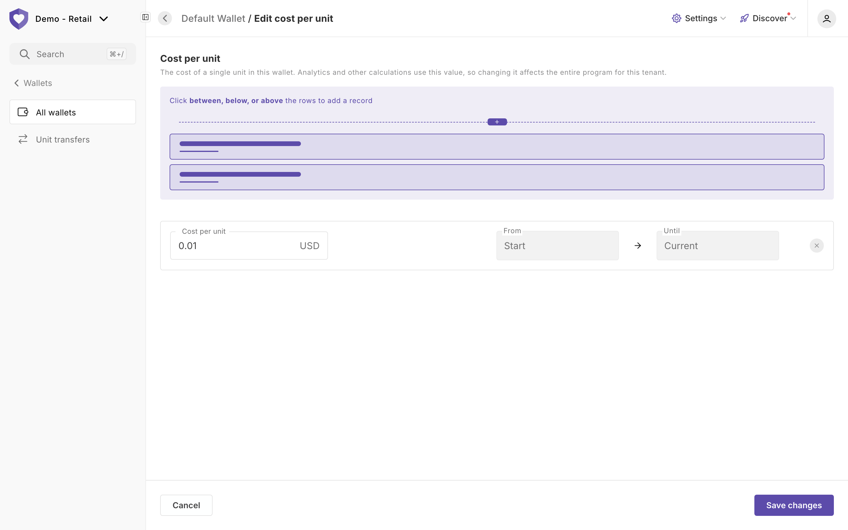 Edit cost per unit page with one period: 0.01 USD from Start to Current